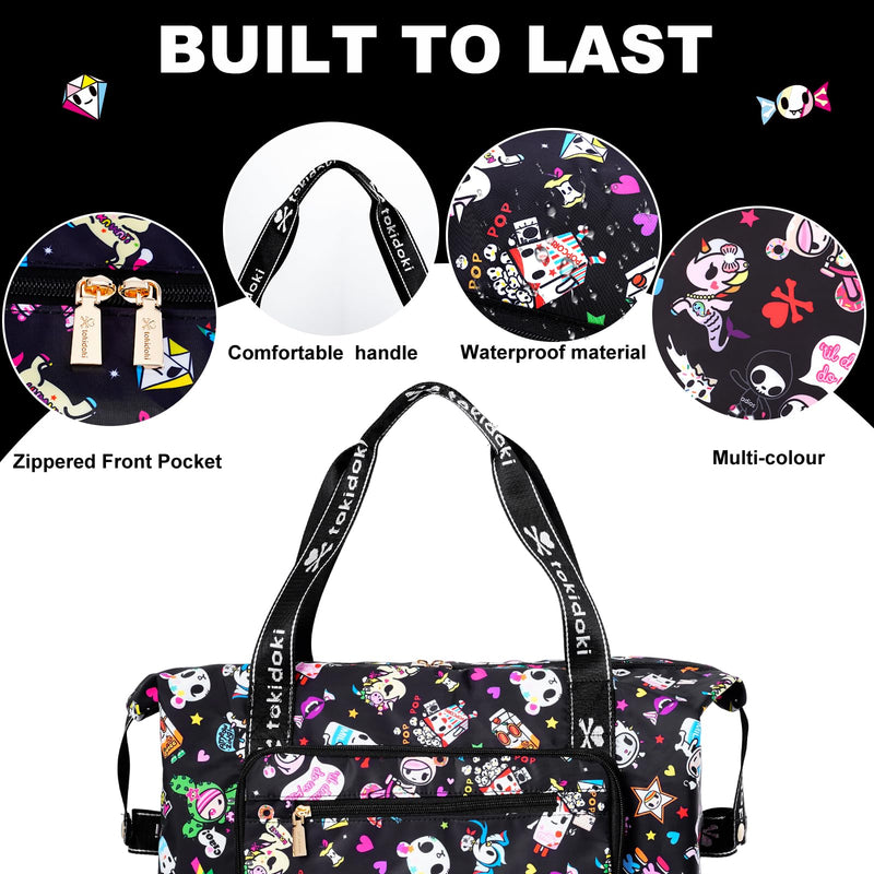 Tokidoki Foldable Duffle Bag for Travel, Airline Approved Weekender Bag | Officially Licensed │ Foldable │ 30-40L Expandable │ 6 Pockets│ Carry-On │ with Trolley Sleeve Black