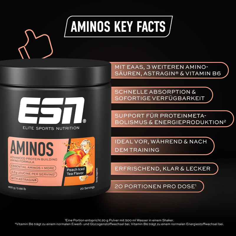 [Australia] - ESN AMINOS, Peach Iced Tea, 400 g, fine amino powder with essential amino acids & astragin, 3.2 g leucine per serving, ideal solubility, vegan, tested quality - made in Germany 