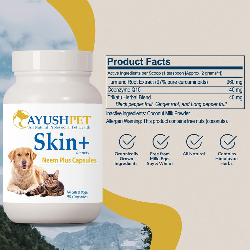 Ayush Pet Skin Plus, Neem Supplement for Healthy Skin and Coat, Supports Gut and Immunity, 90 Capsules - PawsPlanet Australia