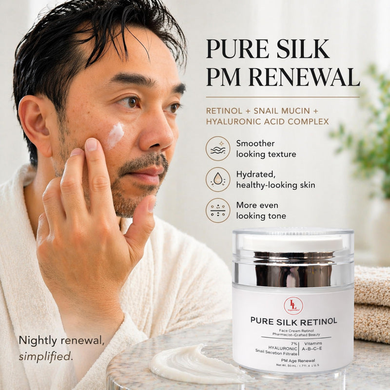 Pure Silk Retinol Night Cream – Pharmacist Formulated Anti-Aging Face Moisturizer Snail Mucin & 7% Hyaluronic Acid – Vitamin A-B-C-E Complex for Wrinkles – Non-Greasy PM Renewal (50ml)