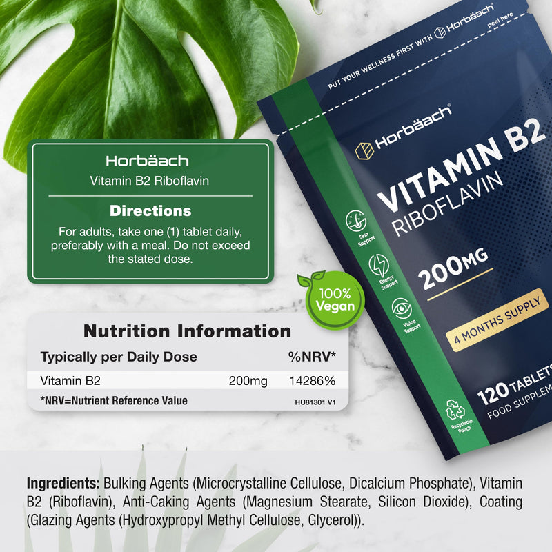 Vitamin B2 Riboflavin 200mg | 120 Vegan Tablets (4 Months Supply) | High Strength Supplement | No Artificial Preservatives | by Horbaach