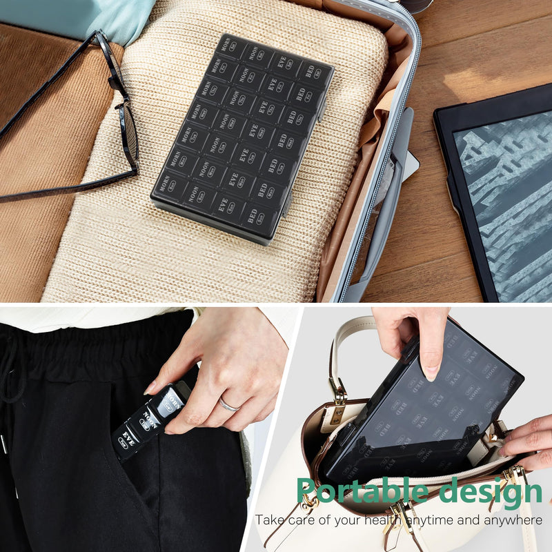 MOLN HYMY Cute Pill Organizer 4 Times a Day, Daily Pill Box 7 Day, 28 compartments, Portable, Travel Friendly Medicine Planner for Vitamins/Fish Oils/Medication/Supplements (Black, Small) Black