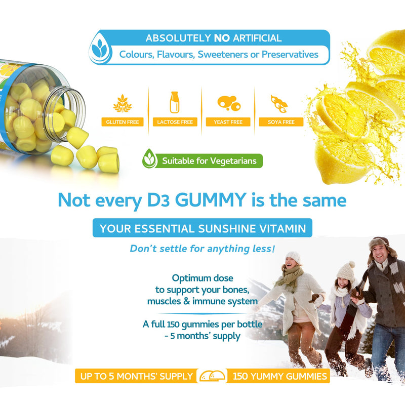 Vitamin D3 Gummies 25µg 1000IU - 150 Natural Lemon Flavour Chewable Yummy Gummies - 5 Month Supply - Made in The UK 150 Gummies