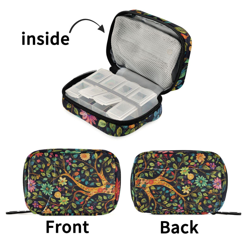 Tree of Life Flower Cute Pill Organizer Weekly Travel Pill Box 7 Day Large Capacity Pill Dispenser Case with 8 Pill Container Daily Pill Box Organizer Vitamin Holder Pill Bottle Organi Tree of Life Flower Black