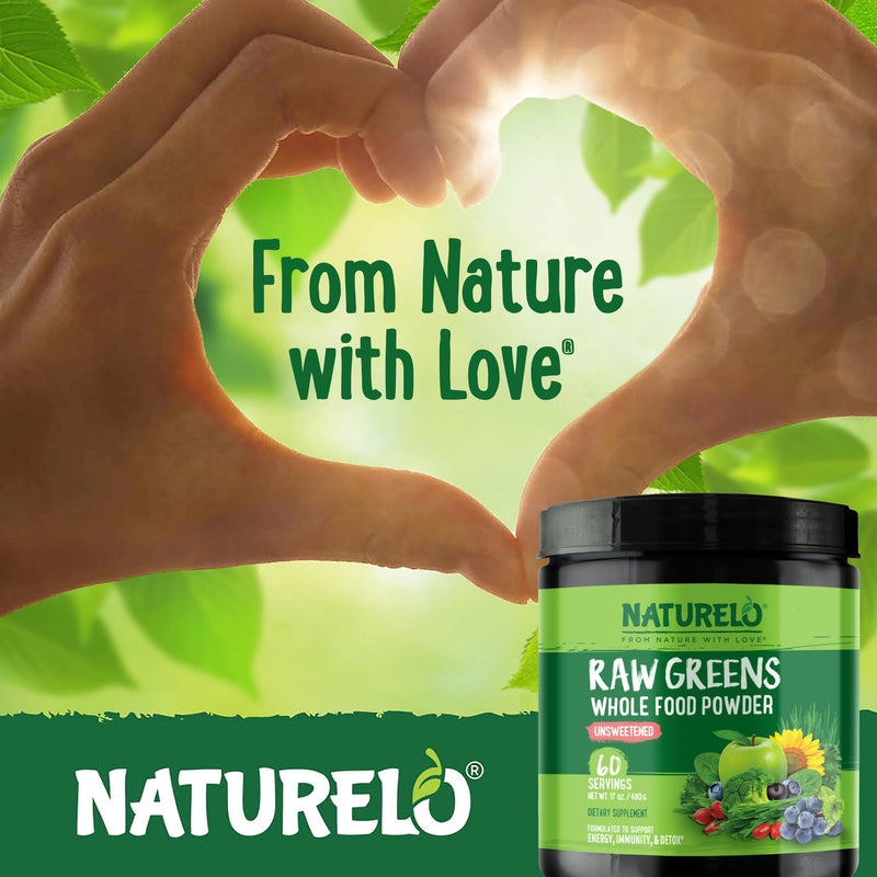 [Australia] - NATURELO Raw Greens Superfood Powder - Unsweetened - Boost Energy, Detox, Enhance Health - Organic Spirulina - Wheat Grass - Whole Food Nutrition from Fruits & Vegetables - 480 Grams 60 Servings (Pack of 1) 
