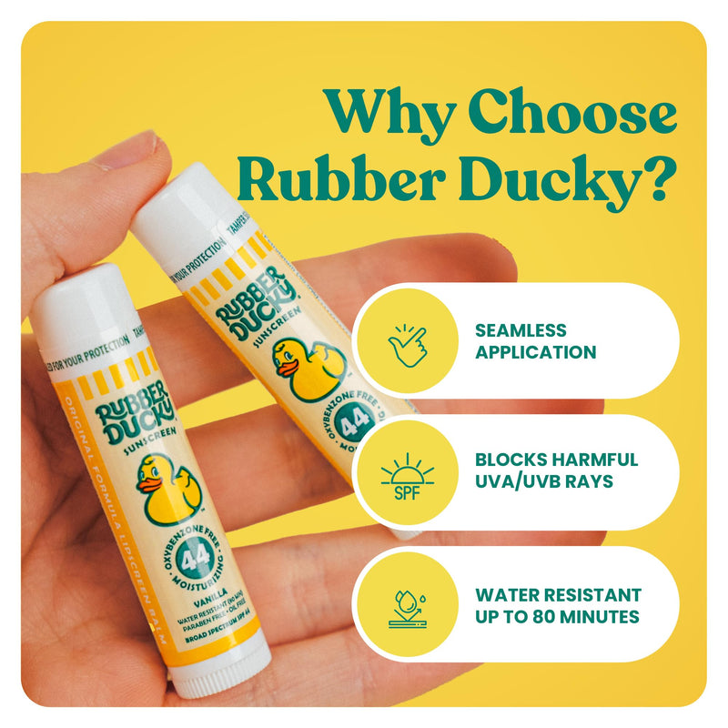 Rubber Ducky | Lip Balm with SPF 44, Water Resistant Sunscreen Lip Balm | Vegan, Untinted, Vanilla Flavor, with Vitamin E | All Season - Broad Spectrum Sunscreen for Lips 1 Count (Pack of 24)
