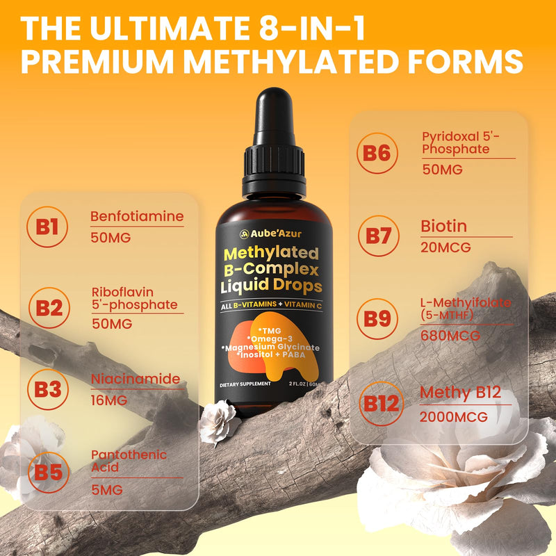 Methylated B Complex Liquid Drops, B Vitamins for Women, Energy, 2 Fl Oz | With Methyl B12, Methylfolate, B1, B3, B5, B6, B7, C, Omega-3, Inositol, Magnesium, TMG. Vegan, Non-GMO, Gluten-Free