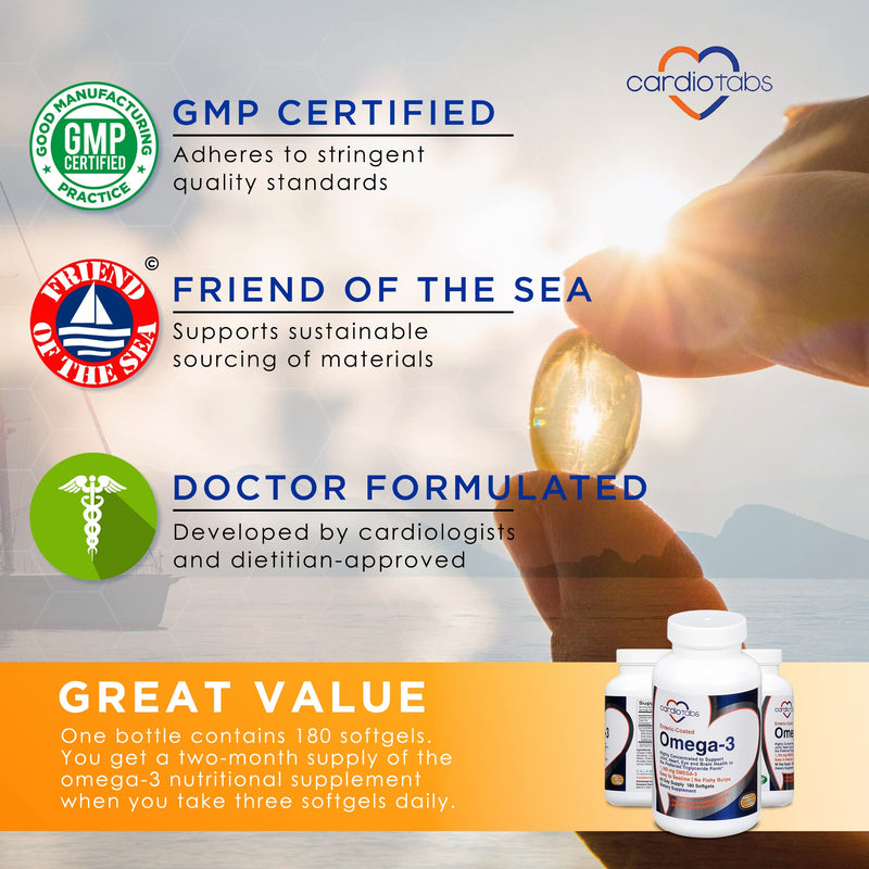 Omega-3 Enteric-Coated Fish Oil Supplements, Triglyceride Form, 1100 mg Total Omega-3 Fatty Acids, Non-Dairy and Gluten-Free, Special Enteric Coated Softgels for No Fishy Burps - 180 Count