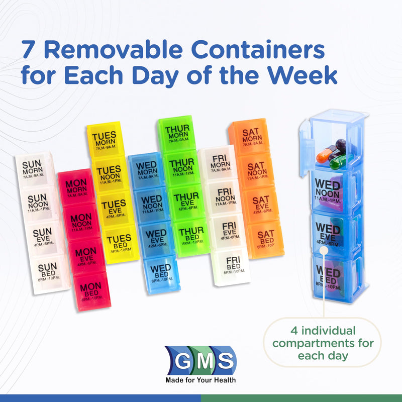 Pill Organizer Weekly 4 Times a Day, 7 Day Travel Medicine Organizer by GMS | Large Pill Box with Daily Removable Containers, Waterproof 4 Times a Day Easy Open Pill Organizer for Vitamins & Supplements