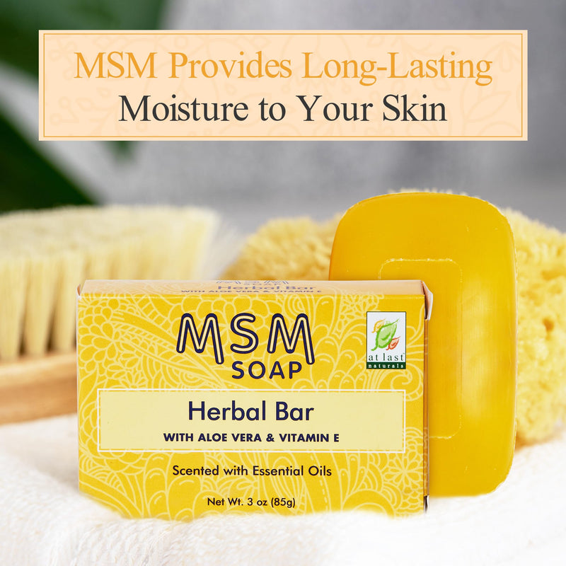 At Last Naturals MSM Soap Bar Body Soap for Men and Women Fine Line Wrinkle Reduction Herbal Moisturizer with Aloe Vera Vitamin E Essential Oils Deep Cleansing for Sensitive Skin 3 Ounce (Pack of 1) 3 Ounce (Pack of 1)