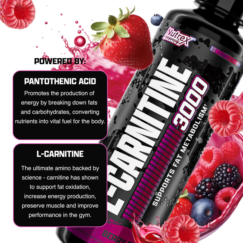[Australia] - Nutrex Research L-Carnitine 3000 (31 Servings, Berry Blast) | Liquid Shots, Stimulant Free | Supports Muscle Recovery For Men and Women 