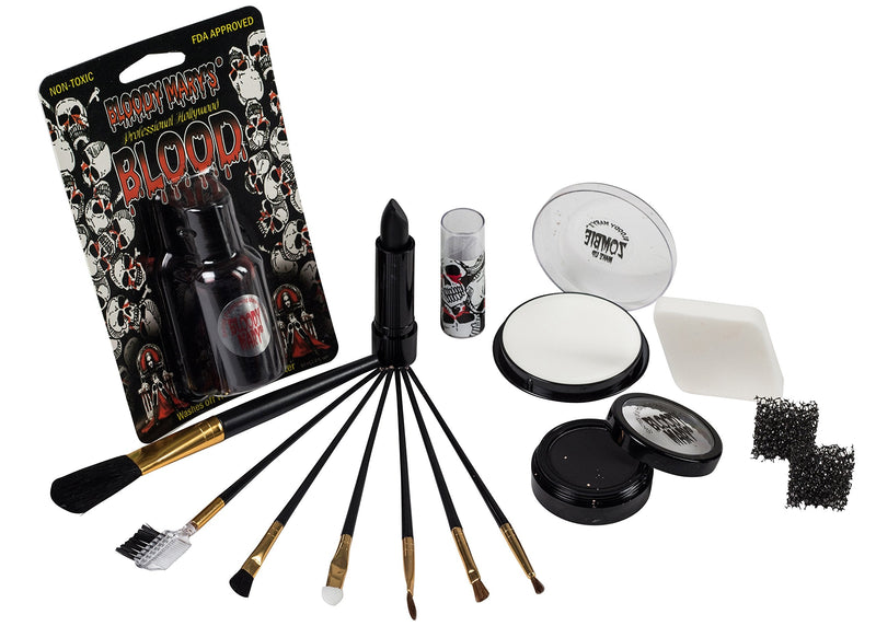 [Australia] - Scary Skeleton Makeup Kit By Bloody Mary - Professional Special Effects Face Makeup Supplies - FX Foundation, Black Blood Lipstick, Eye Shadow, Crayons, Brushes, Blood, Sponge & Case. 