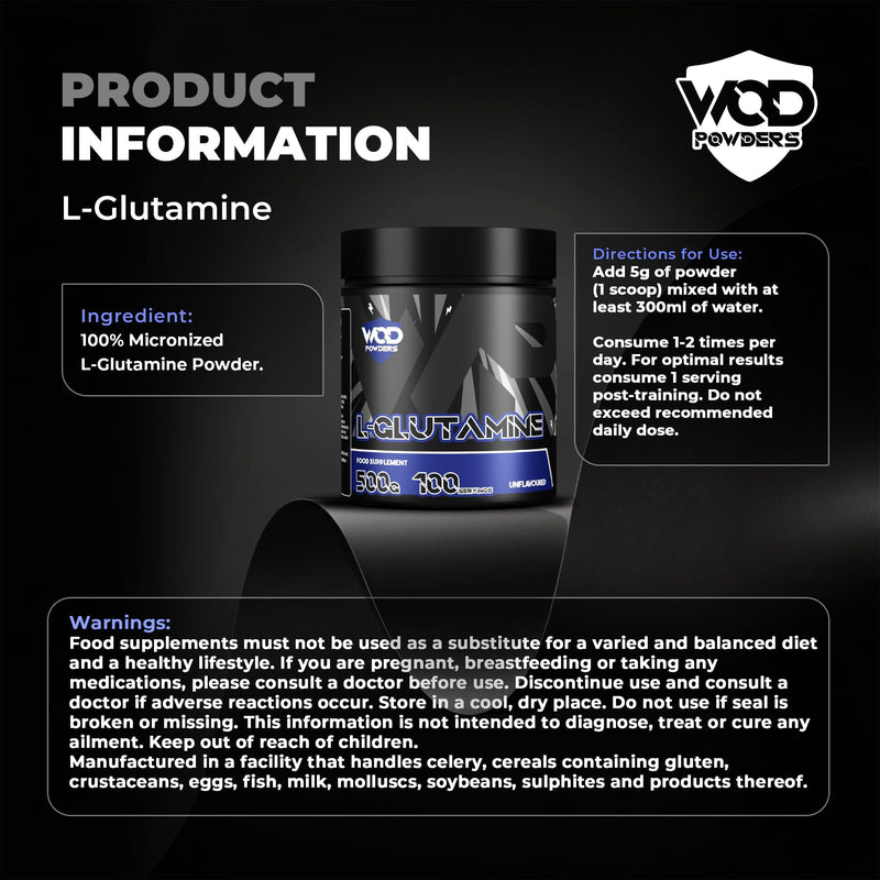 Glutamine Powder - 500g | Amino Acid, Improve Recovery, Boosts Immune System | Unflavoured 100% Micronized Glutamine Powder | 100 Servings in Tub with Scoop by WOD Powders