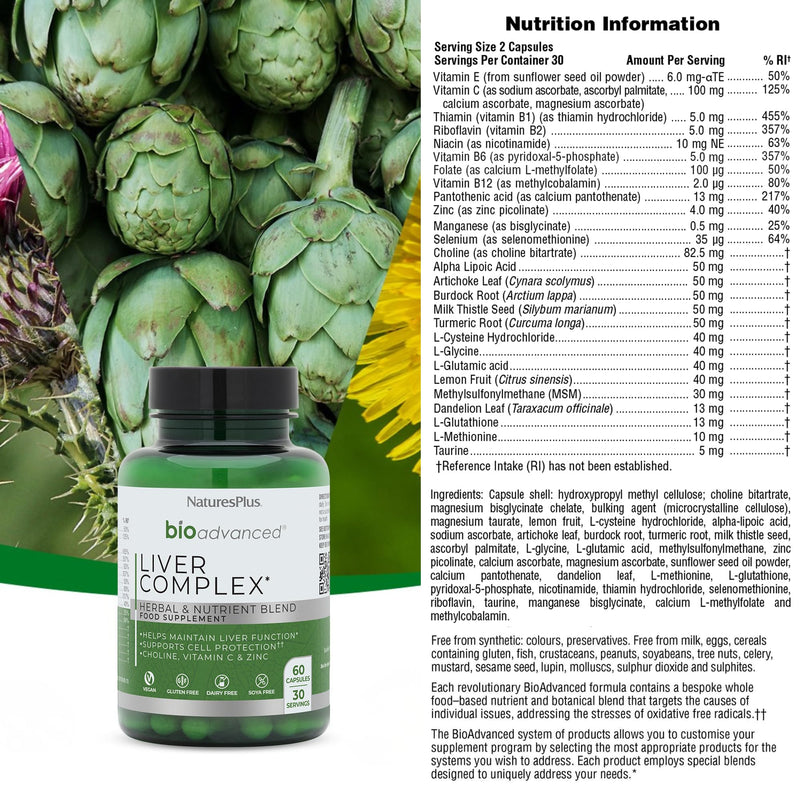 NaturesPlus Bio Advanced Liver Complex - Liver Supplement with Turmeric, Artichoke, Milk Thistle, Dandelion, Choline, Methyl B12, Folate, VIT C - Gluten, Dairy, Soy Free - Vegan, 60 Capsules