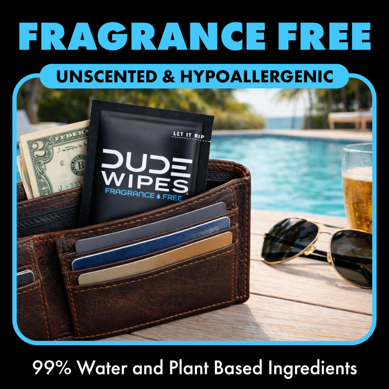 DUDE Wipes On-The-Go Unscented Adult Flushable Travel Wipes, 60 Count | 60 individually wrapped flushable butt wipes. Travel essentials. Hypoallergenic, 99% water, vitamin E and aloe. Septic safe. Fragrance Free 30 Count (Pack of 2)