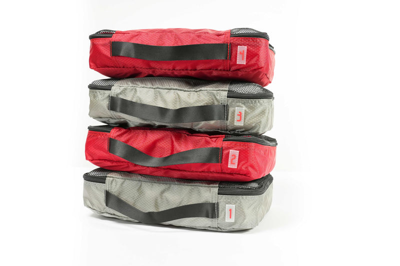 Medium Packing Cubes for Travel - 4 Piece Luggage Organizer Cubes for Carry On Luggage Backpack and Carry On Suitcase with Unique Number and Color Coded System - Dual Zippers, Top Handle, Red and Grey Medium