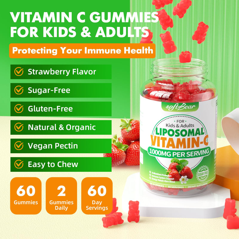 softbear Liposomal Vitamin C Gummies for Adults & Kids 1000mg, Chewable Vitamin C Supplement for Immune Support, Vegan/Organic/Sugar Free VIT C Gummies, Strawberry Flavor 120 Count 60 Count (Pack of 2)