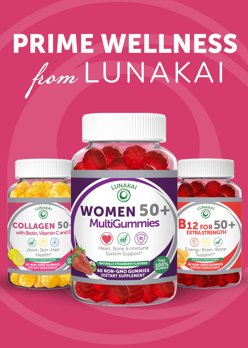 Lunakai USA Made Collagen Gummies for Women & Men Over 50, Biotin & Vitamin C, Supports Skin Elasticity, Hair & Nail Strength, Joint Support, 60ct Single Bottle