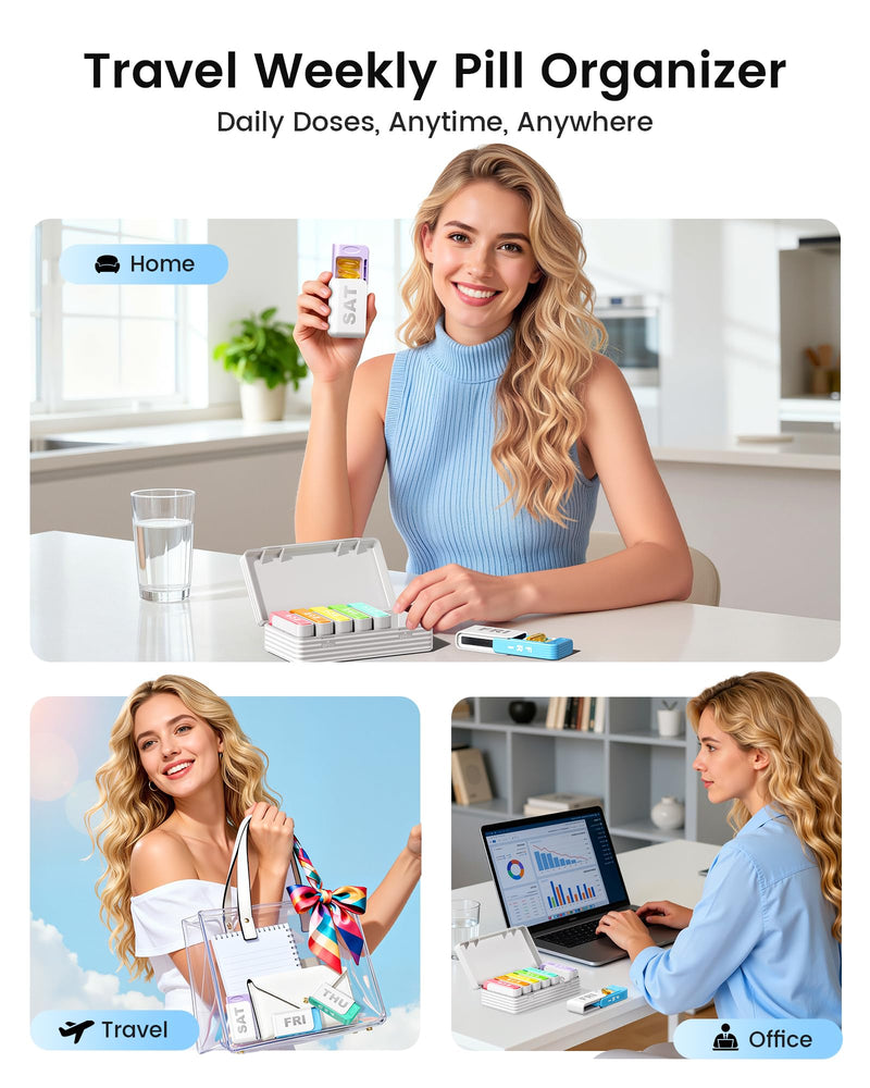 Daviky Pill Organizer 1 Time a Day, Drawer Style 7 Day Pill Case with Detachable Daily Boxes, Large Capacity Travel Pill Organizer for Vitamins, Fish Oil, Supplements, Color Coded White