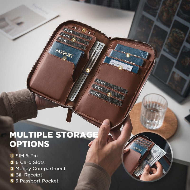 VULKIT Family Passport Holder for 4 Passports, RFID Blocking Travel Wallet | 6 Card Slots, 2 SIM Pockets, Secure Zipper Closure, Holds 4 Passports, Family Travel Essential Espresso Casual