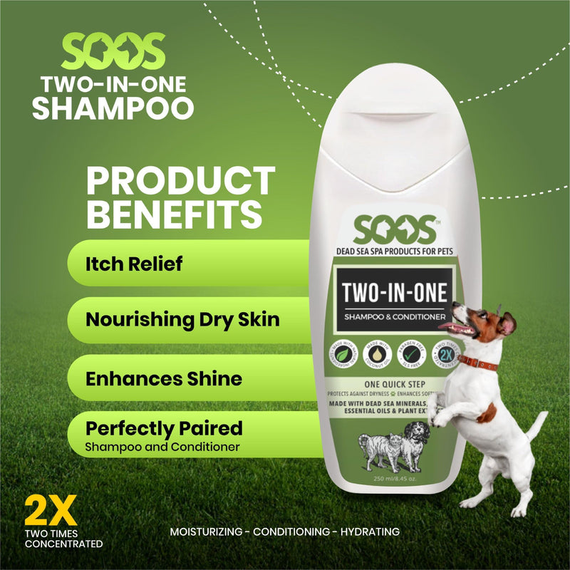 Soos Pets Two-in-One Shampoo Plus Conditioner for Dogs & Cats | 2-in-1 Natural Dead Sea Minerals | Cleansing & Moisturizing Formula | Gentle on Skin, Promotes Soft Shiny Coat - 250ml - PawsPlanet Australia