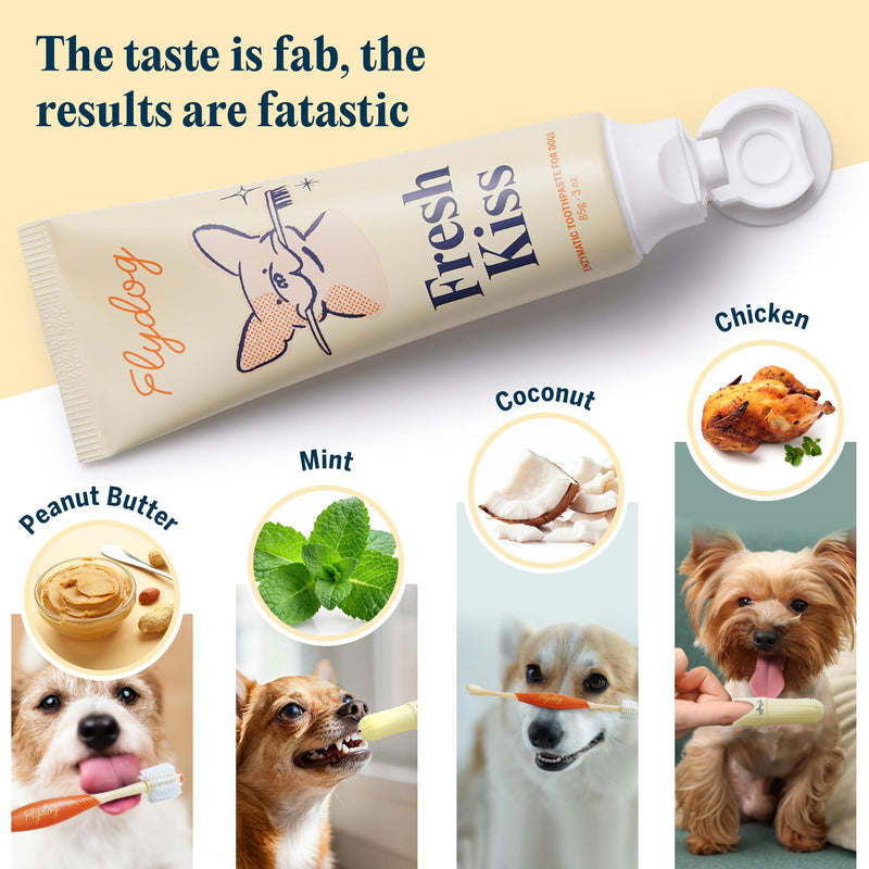 [Australia] - FlyDog Fresh Kiss Dog Tooth Brushing Kit - Vet Approved Formula, Enzymatic Dog Toothpaste and Brush - Breath Freshener & Tartar Remover, 360° Toothbrush & Finger Brush, Dental Guide, Mint Flavor Mild Mint 3 Ounce (Pack of 2) 