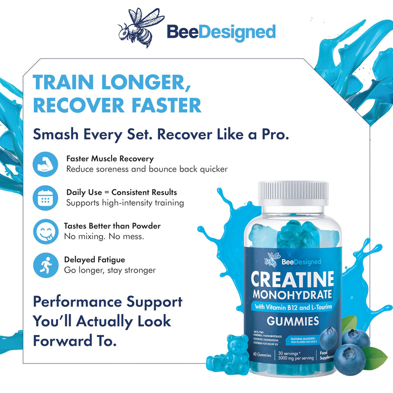 5000mg Creatine Gummies Max Strength (60 Count) - Creatine Monohydrate with Betaine & L-Taurine for Muscle Growth & Recovery - Vegan, Sugar-Free Gym Supplement, Blueberry