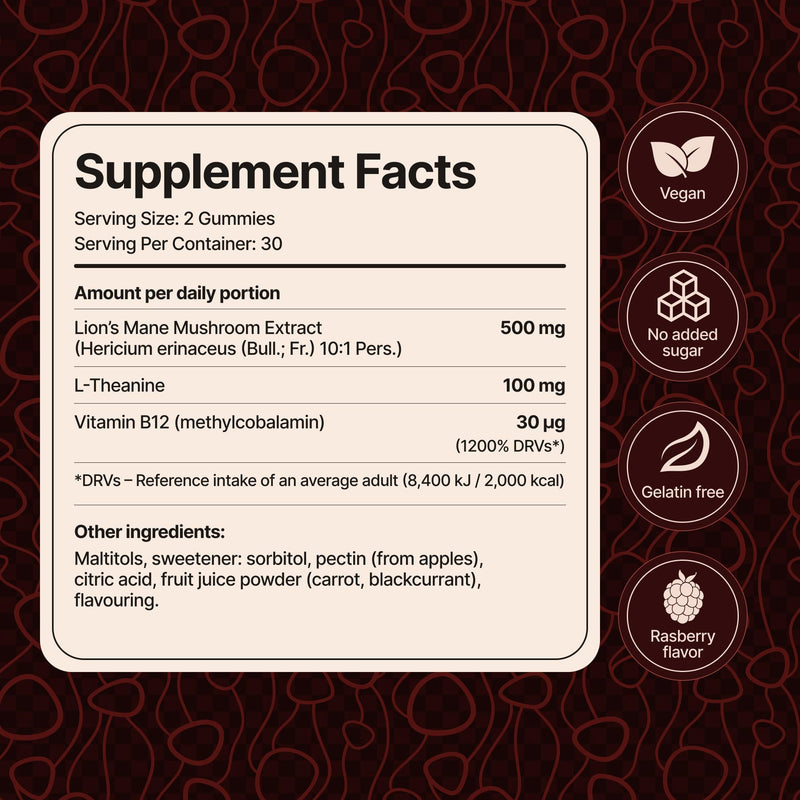 Lion’s Mane Focus Gummies - 5000 mg per Serving, 100% Fruiting Body 10:1 DNA-Verified Mushroom with L-Theanine & Methylated Vitamin B12 - Sugar-Free Vegan Nootropic – 30 Servings