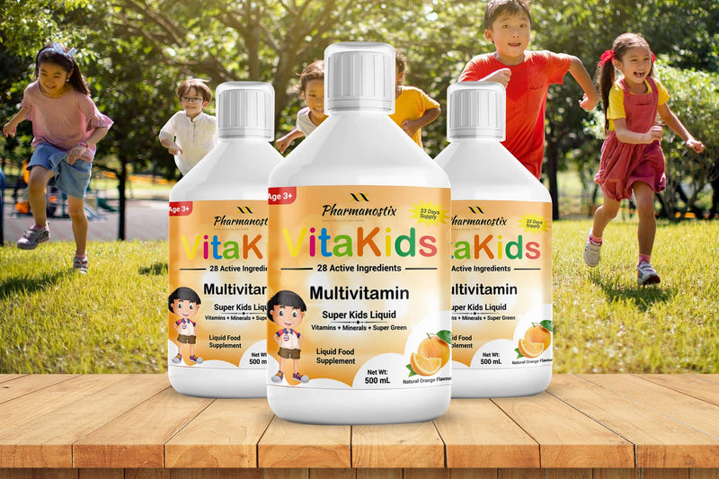 Kids Multivitamin Liquid 500ml, 28 Active Ingredients Superfood Greens - CoQ10, Lutein & Spirulina, Supports Brain & Cardiovascular Health, Natural Orange Flavour, High Absorption, 33 Days Supply