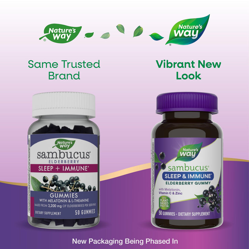 Nature's Way Sambucus Sleep + Immune* Elderberry Gummies, Sleep Support for Adults and Immune Support*, with Melatonin, Vitamin C, L-Theanine, Zinc, 50 Gummies (Packaging May Vary),(Pack of 2) 50 Count (Pack of 2)