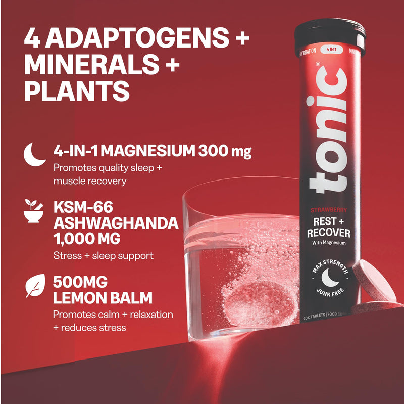 Tonic Health Rest and Recovery Effervescent Tablets - 300mg Elemental Magnesium, Ashwagandha, Lemon Balm - No Sugar, Magnesium Glycinate - Relax and Recharge, Strawberry 60 Count 60 count (Pack of 1)