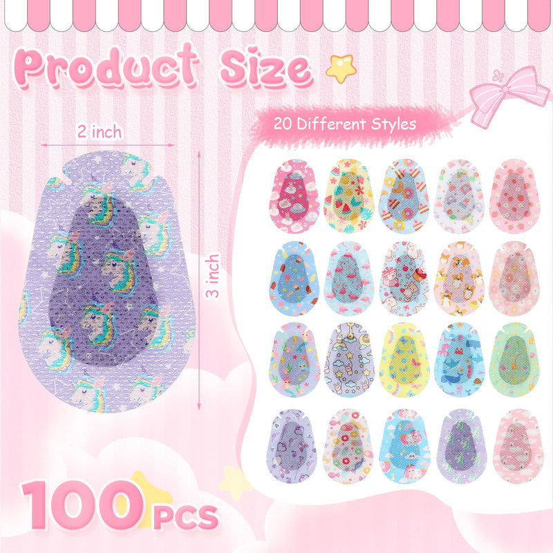 [Australia] - 100 Pcs Adhesive Eye Patches for Kids Girls Cute Toddler Eye Patch Bulk Colorful Breathable Lazy Patch Cartoon Adhesive Bandages for Children Baby Light Blocking, 20 Styles, 3 x 2 Inches 100 