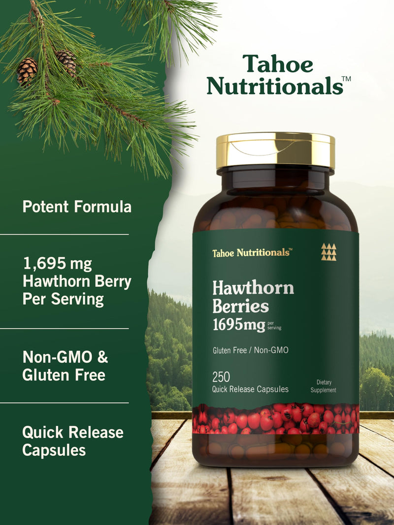 [Australia] - Tahoe Nutritionals Hawthorn Berry Capsules | 1695mg per Serving | 250 Count | Extract Supplement for Women and Men | Non-GMO, Gluten Free Extract 