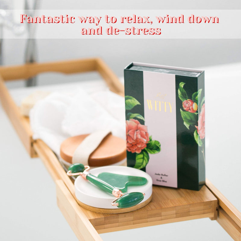 WITTY Jade Face Roller and Gua Sha Set in Hand-Drawn Giftbox - Gua Sha Stone, Face Massager Roller, Beauty Massage Face Scraper Tools - Guasha Tool for Face Roller Skin Care, Eyes, Neck - Extra Pouch Green