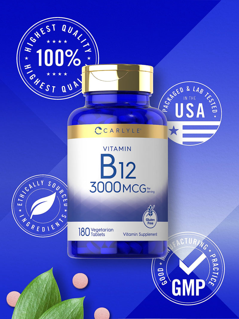 Carlyle B12 Vitamin 3000 mcg | 180 Tablets | Vegetarian Supplement | Non-GMO & Gluten Free