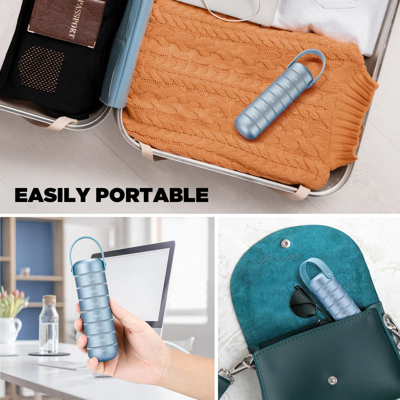 Zannaki Metal Weekly Pill Organizer, Large Travel Pill Box 7 Day, Waterproof Daily Pill Case with Silicone Handle, Aluminum Alloy Portable Pill Holder Container for Vitamin, Medicine, Supplement,Pills Ice Blue