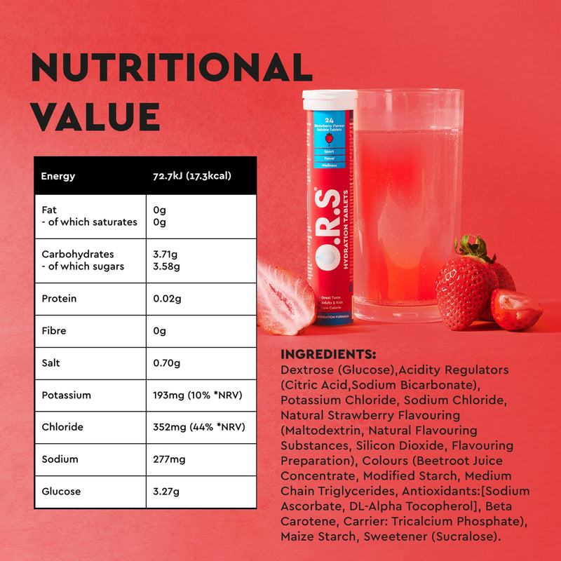 O.R.S Hydration Tablets with Electrolytes, Vegan, Gluten and Lactose Free Formula – Soluble Sports Hydration with Natural Strawberry Flavour, 72 Count