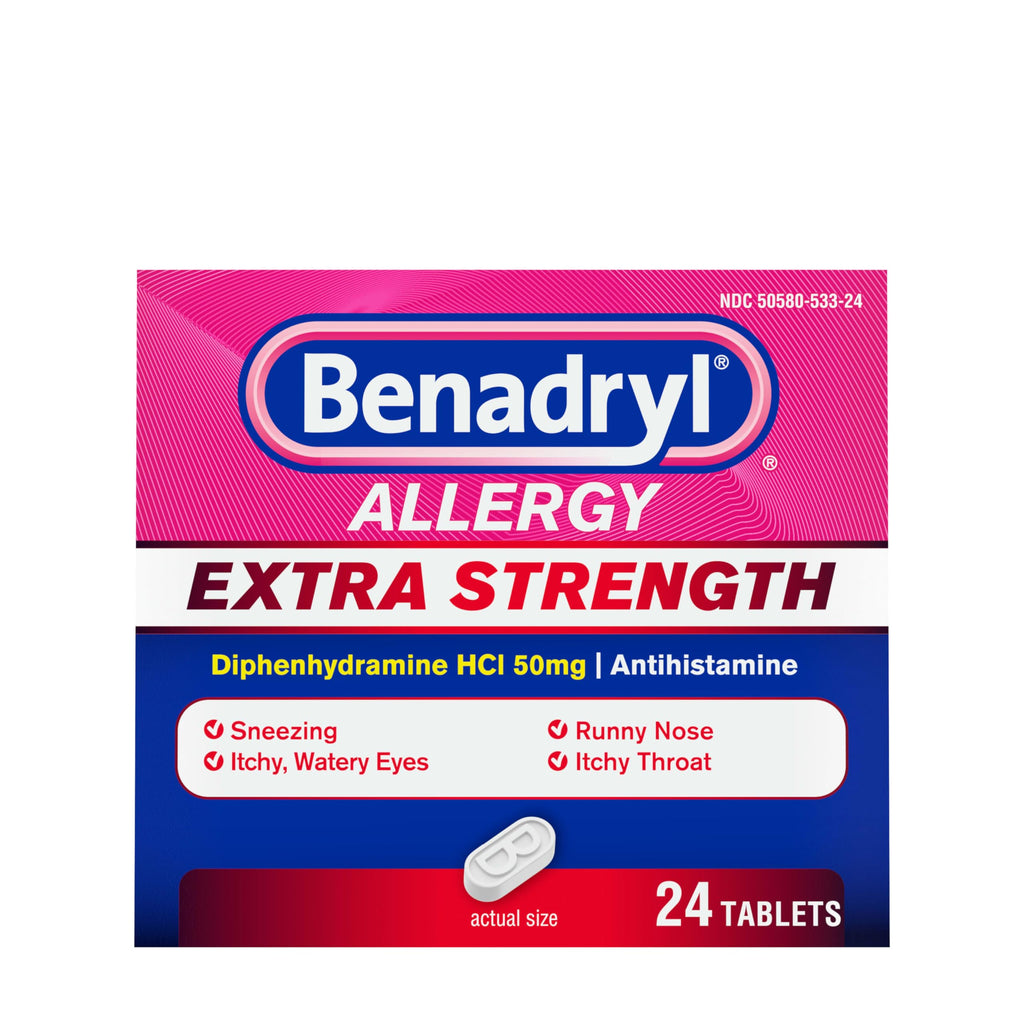 Benadryl Extra Strength Antihistamine Allergy Relief Medicine, 50 mg Diphenhydramine HCl Tablets for Relief of Allergy Symptoms Due to Hay Fever or Other Upper Respiratory Allergies, 24 ct 24 Count (Pack of 1)