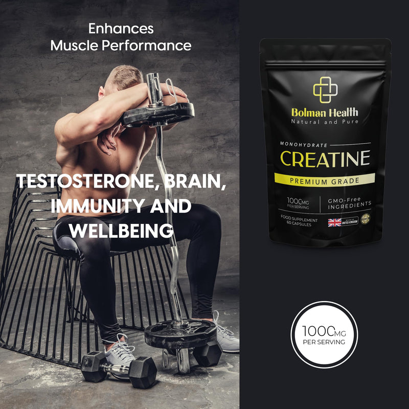 Creatine Monohydrate | 60 Capsules | 30 Day Supply | 1000mg Per Serving | Supports Muscle Strength & Performance | Pre & Post Workout Supplement for Men & Women | Vegan Capsules