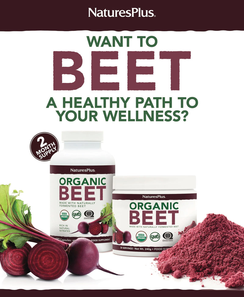 NaturesPlus Organic Beet Capsules - Fermented and Non-Fermented Beet Powder - Lower in Sugar, Naturally Occurring Nitrates - Organic, Gluten Free, Vegan - 180 Capsules, 2 Months Supply 180 count (Pack of 1)