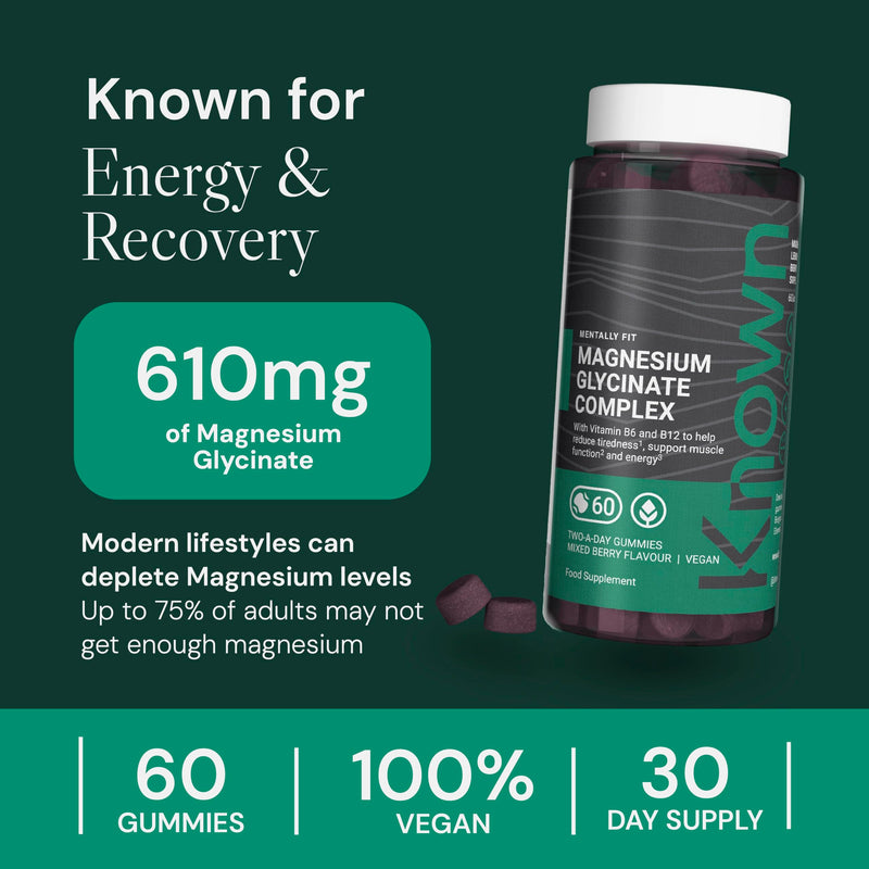 Known 610mg Magnesium Glycinate Complex Gummies – Mixed Berry Flavour – Vitamin B6, B12 & Lemon Balm – Vegan Gummy Supplement – Energy, Fatigue, Muscle Support – 1 Month Supply - For Men, Women & Kids 1 count (Pack of 60)