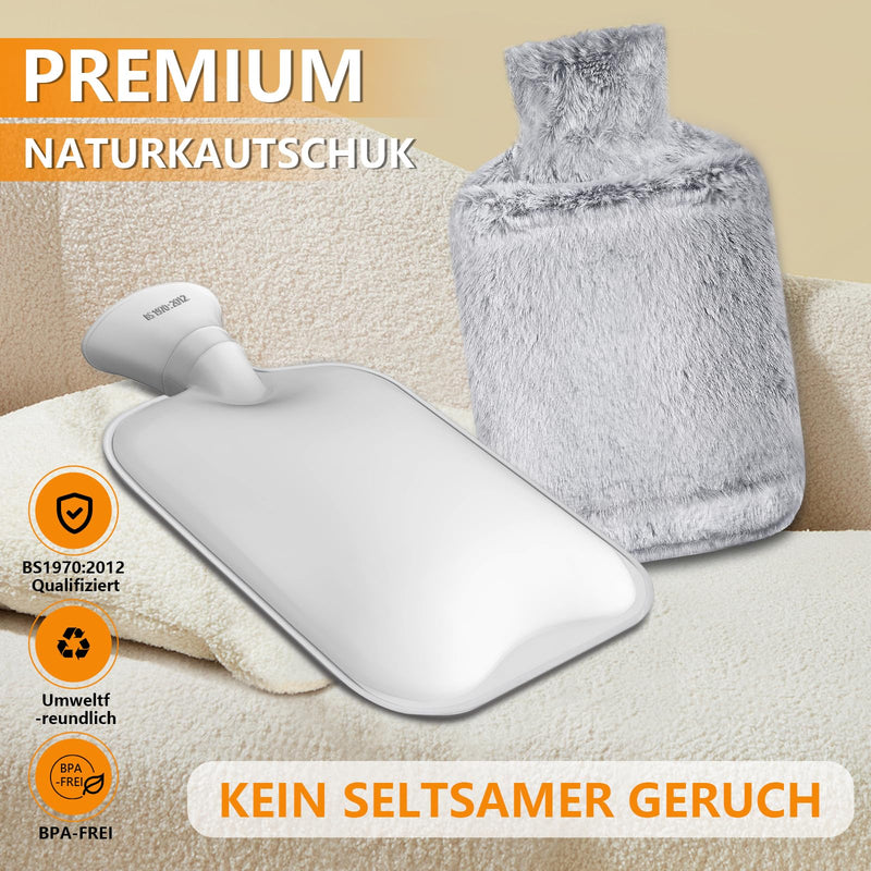 [Australia] - NOVATREK Hot Water Bottle with Cover, 2L Hot Water Bottles Large, Leak-Proof Fluffy Hot Water Bottle with Kangaroo Cuddly Soft Fur Cover for Adults & Children, Gifts for Women, Bed Bottle (Grey) Grey 