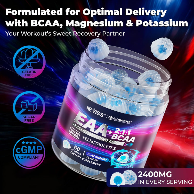 Essential Amino Acids Supplements EAA BCAAs Gummies Sugar Free, Vegan 120ct | EAAs Nutritional Gummy w/ Electrolyte Hydration, Branched Chain Amino Acids Supplement for Women Men, Black Raspberry Flavor 60 Count (Pack of 2)