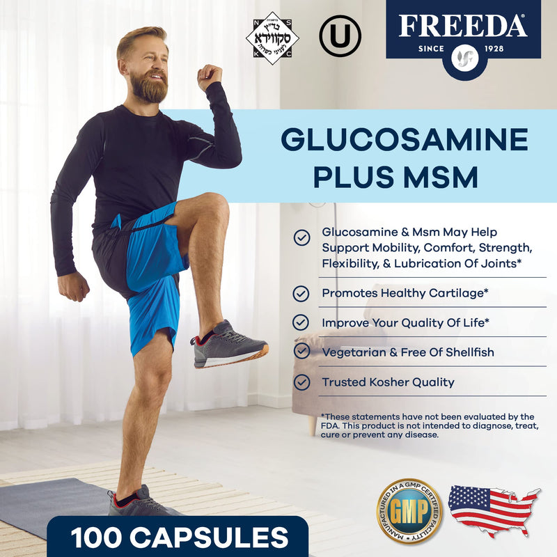 [Australia] - FREEDA Glucosamine MSM - Vegan Glucosamine with MSM Supplement - Bone & Joint Health Supplement - Vegetarian Glucosamine without Shellfish - Bone & Joint Supplement for Mobility (100 Capsules) 100 Count (Pack of 1) 
