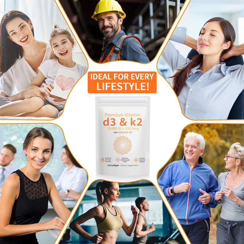 Daiasns Vitamin D3 K2 10000iu Supports Muscle & Brain Health -High-Potency D3 K2 Supplement Helps in Immune and Cardiovascular Support - 120 Softgels 120 Count (Pack of 1)