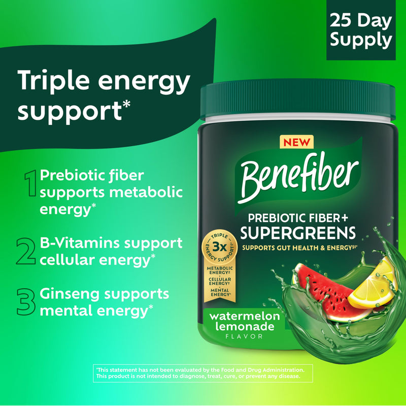 [Australia] - Benefiber Prebiotic Fiber + Supergreens Dietary Supplement Powder, Watermelon Lemonade Flavor, 8.8 oz (250g) 
