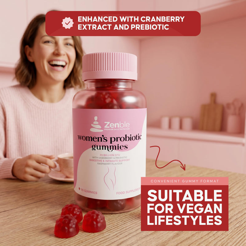 Probiotics for Women Gummies – 20 Billion CFU Probiotic Blend with Cranberry & Prebiotic Inulin – Digestive & Intimate Flora Support – 90 Sugar Free Vegan Gummies – Raspberry Flavour