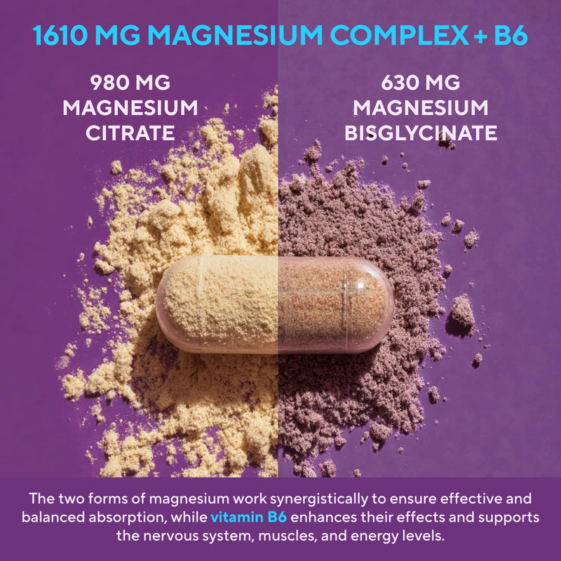 Magnesium Complex 400 mg – Bisglycinate + Citrate with Vitamin B6 – High Strength & Lab Tested – for Nerves, Muscles & Energy – Vegan, No Additives – 180 Capsules 180 count (Pack of 1)
