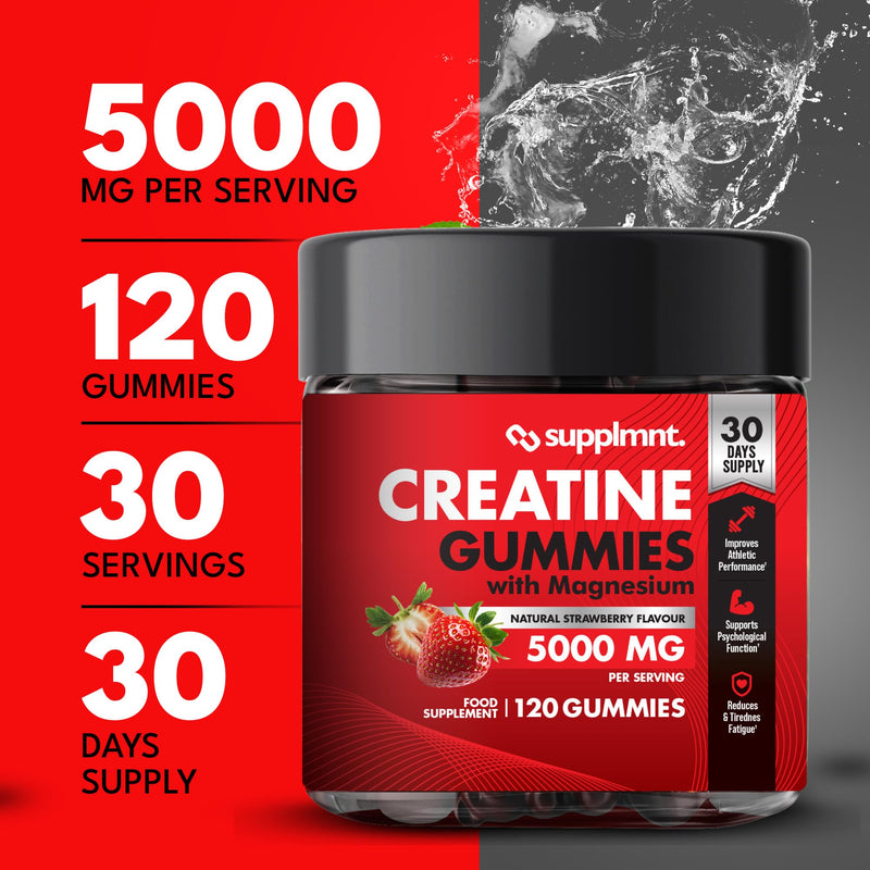 Supplmnt. Creatine Gummies 5000mg 120ct Max Strength Muscle Growth Recovery Supplements for Men & Women Creatine Monohydrate with Magnesium - Vegan Pre Workout Chewable Gummies, 30-Day Supply Strawberry