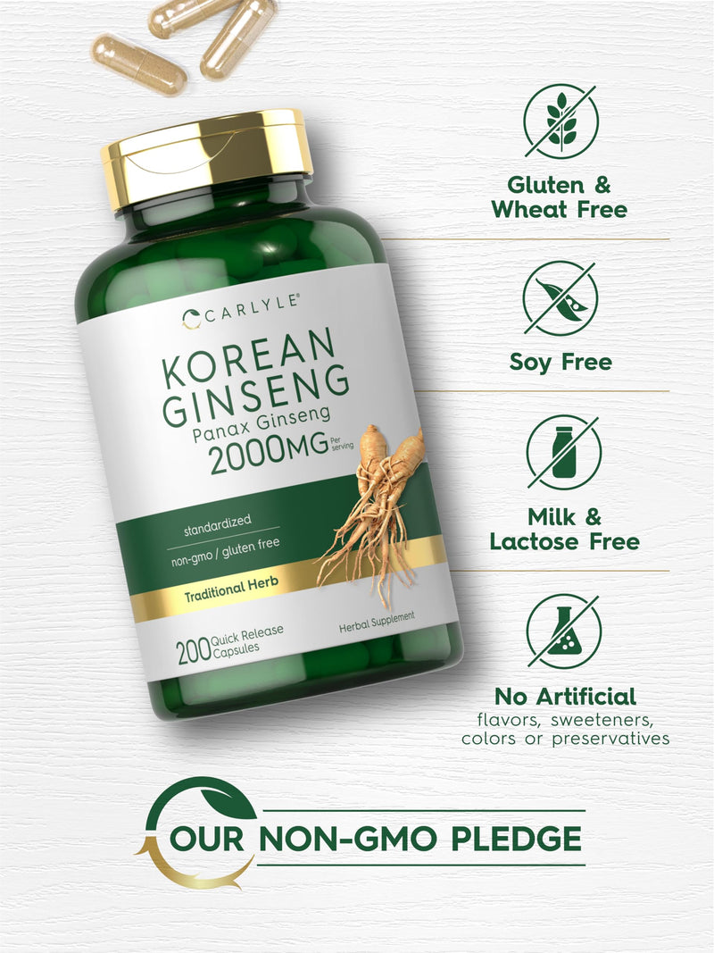 Carlyle Korean Ginseng Extract Capsules 2000 mg | 200 Capsules | Non-GMO and Gluten Free Formula | Standardized Panax Ginseng Supplement 200 Count (Pack of 1)